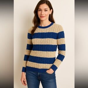 Lands’ End XS Women’s Striped Cable Knit Sweater 100% Cotton Blue Beige
